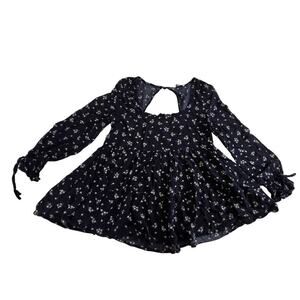 American Eagle Babydoll Navy Floral Top Small Long Sleeve Keyhole Back